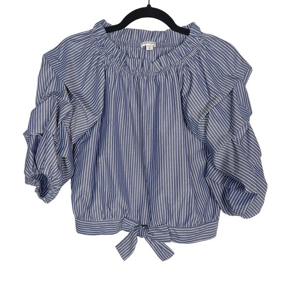 Habitual Girls 16 Blue White Striped Joyce Gathered Sleeve Tie Waist Top Blouse - Picture 1 of 9